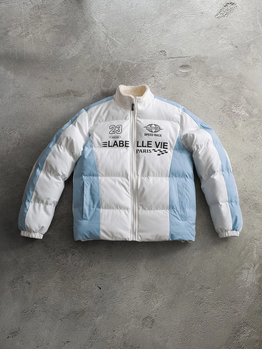PAVTROS Men Winter Coat, Puffer - Blue and White - View 1