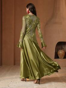 Anewsta Vestido de patchwork texturizado, adecuado para primavera, verano, festivales, ocasiones elegantes, vacaciones, uso casual - Verde Oliva - Ver 2