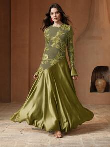 Anewsta Vestido de patchwork texturizado, adecuado para primavera, verano, festivales, ocasiones elegantes, vacaciones, uso casual - Verde Oliva - Ver 5