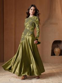 Anewsta Vestido de patchwork texturizado, adecuado para primavera, verano, festivales, ocasiones elegantes, vacaciones, uso casual - Verde Oliva - Ver 3