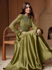 Anewsta Vestido de patchwork texturizado, adecuado para primavera, verano, festivales, ocasiones elegantes, vacaciones, uso casual - Verde Oliva - Ver 7
