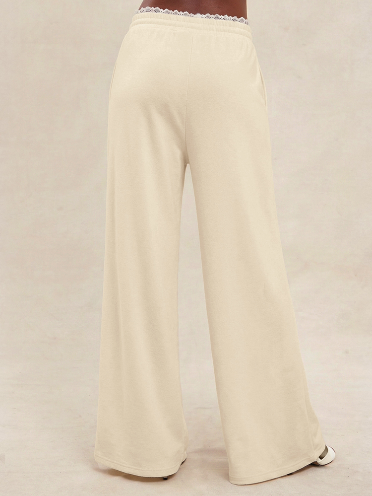 NYA SZN Pants Wide Leg Elastic Waist Lace Tie Trousers Lounge Gym Workout Chic Comfortable Travel Everyday Casual Scool Cute Holiday White Summer Fall Winter - Apricot - View 2