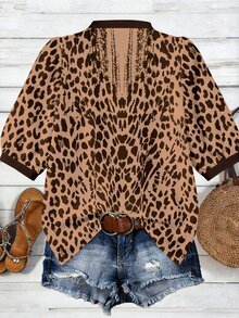 EMERY ROSE Plus Size Beige Base Leopard Print Contrast Brown Trim Notched V Neck Puff Short Sleeve Loose Lightweight Vintage Blouse Women Summer Daily Casual Top - Multicolor - View 5