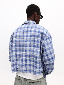 SUMWON Tmwn Club Script Chest Print Plaid Cropped Shirt With Point Collar And Long Sleeves Boxy Fit Button Front Flannel Overshirt - Blue - View 3