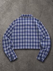 SUMWON Tmwn Club Script Chest Print Plaid Cropped Shirt With Point Collar And Long Sleeves Boxy Fit Button Front Flannel Overshirt - Blue - View 2