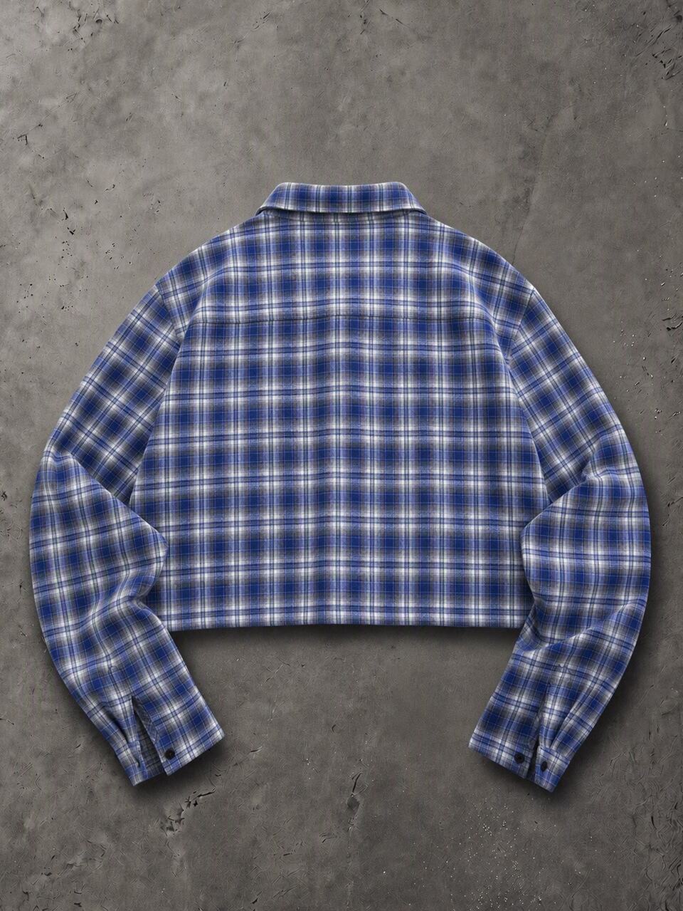 Tmwn Club Script Chest Print Plaid Cropped Shirt With Point Collar And Long Sleeves Boxy Fit Button Front Flannel Overshirt
