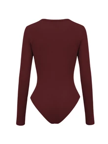 SHEIN Women's Solid Color Fitted Casual Bodysuit - Burgundy - View 2