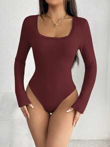 SHEIN Women's Solid Color Fitted Casual Bodysuit - Burgundy - View 5