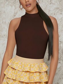 SHEIN BAE 女款時尚極簡性感純色連身衣，適合日常穿著與海灘度假，棕色與黃色，夏季款 - 棕色 - 查看 3