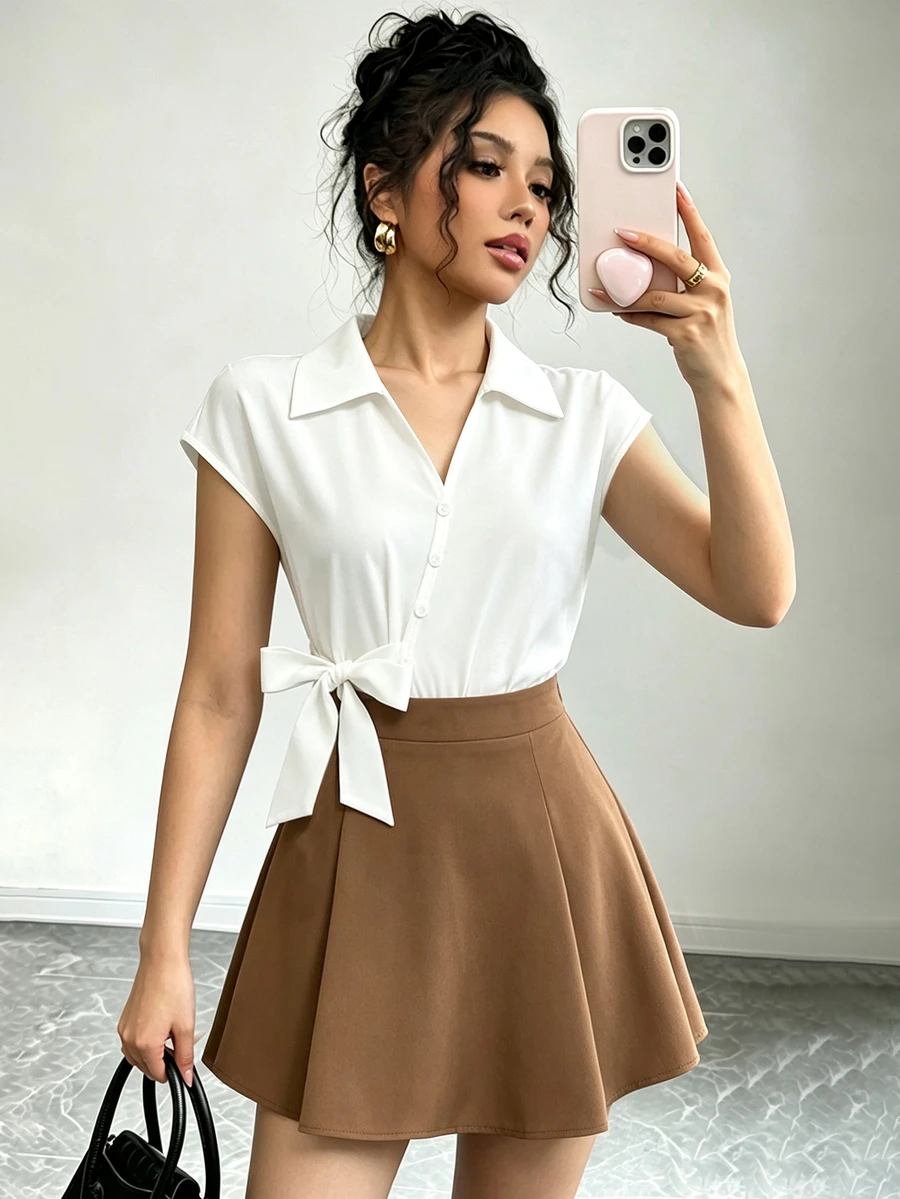 SHEIN Elenzya 新款V领仿门襟装饰系带设计纯色梭织优雅修身两件套女装,百搭日常穿着 - 彩色 - 查看 1