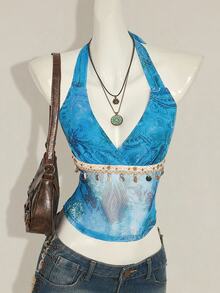SHEIN ICON Women's Retro Paisley Print Hippie Style Shell Tassel Decor Halter Backless Top - Multicolor - View 5