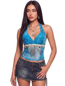 SHEIN ICON Women's Retro Paisley Print Hippie Style Shell Tassel Decor Halter Backless Top - Multicolor - View 1