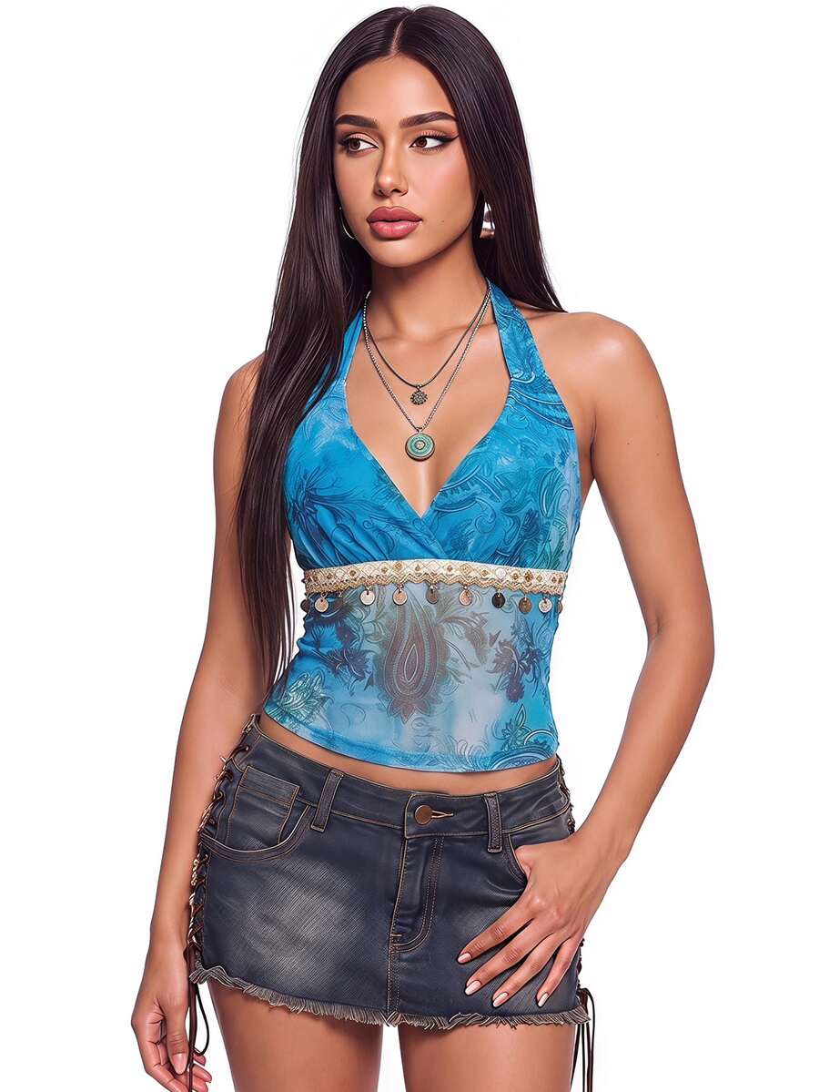 SHEIN ICON Women's Retro Paisley Print Hippie Style Shell Tassel Decor Halter Backless Top - Multicolor - View 1