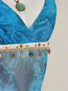 SHEIN ICON Women's Retro Paisley Print Hippie Style Shell Tassel Decor Halter Backless Top - Multicolor - View 10