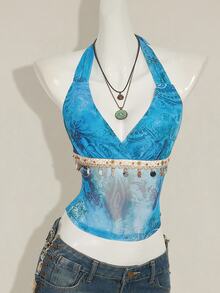 SHEIN ICON Women's Retro Paisley Print Hippie Style Shell Tassel Decor Halter Backless Top - Multicolor - View 3