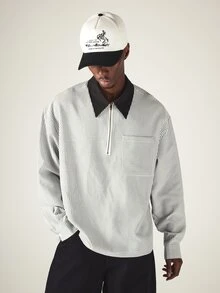 SUMWON Oversized Long Sleeve Striped Rugby Polo Shirt With Half Zip Collar And Chest Pocket Casual Pullover Top - Black and White - View 1