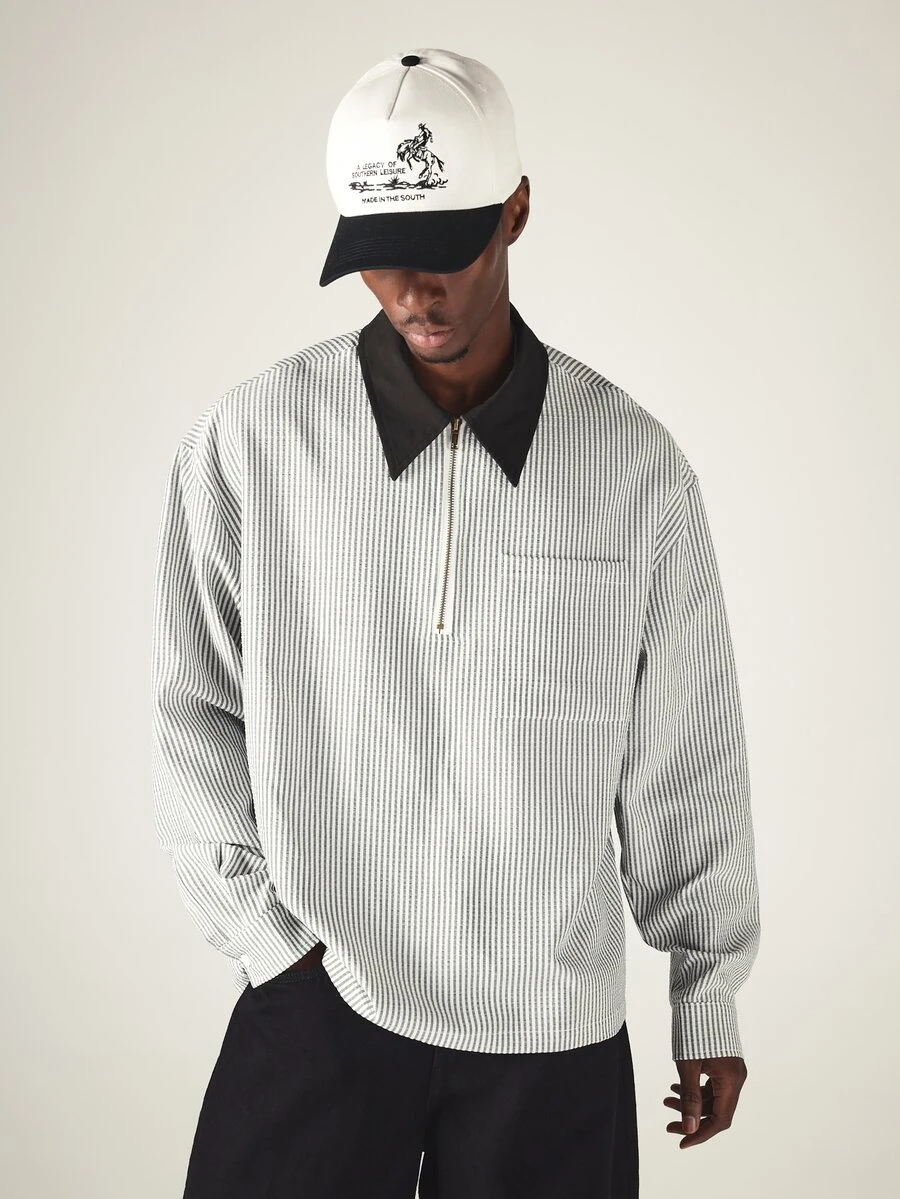 SUMWON Oversized Long Sleeve Striped Rugby Polo Shirt With Half Zip Collar And Chest Pocket Casual Pullover Top - Black and White - View 1