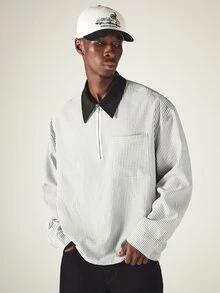 SUMWON Oversized Long Sleeve Striped Rugby Polo Shirt With Half Zip Collar And Chest Pocket Casual Pullover Top - Black and White - View 5