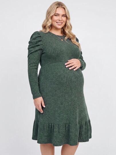 Plussiva Gaun Kasual Hamil Ukuran Besar Warna Polos Leher Bulat Lengan Panjang Bergaris