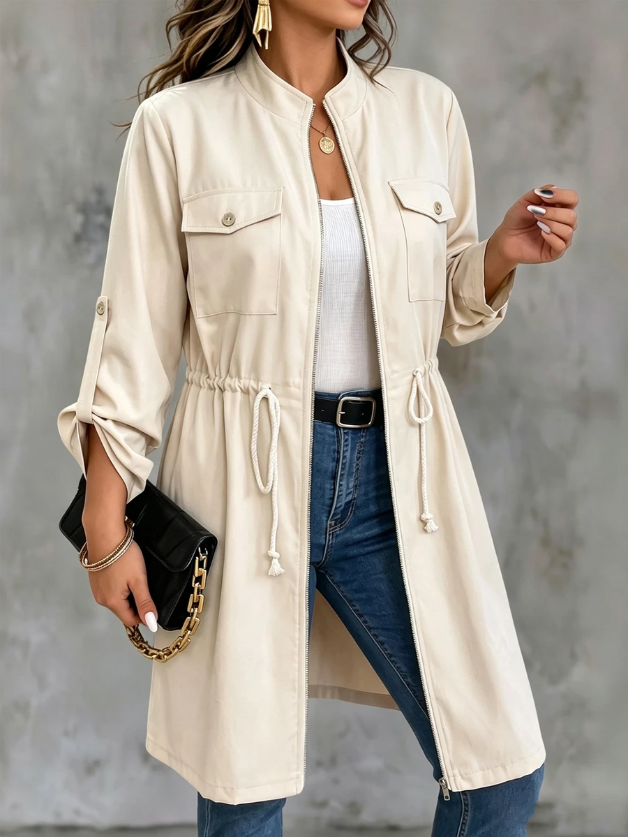 EMERY ROSE Plus Size Women's Solid Color Turn-Up Sleeve Loose Utility Pockets Medium To Long-Sleeve Casual Jacket, Spring Autumn Fall Winter Cloth For Women - Apricot - View 1