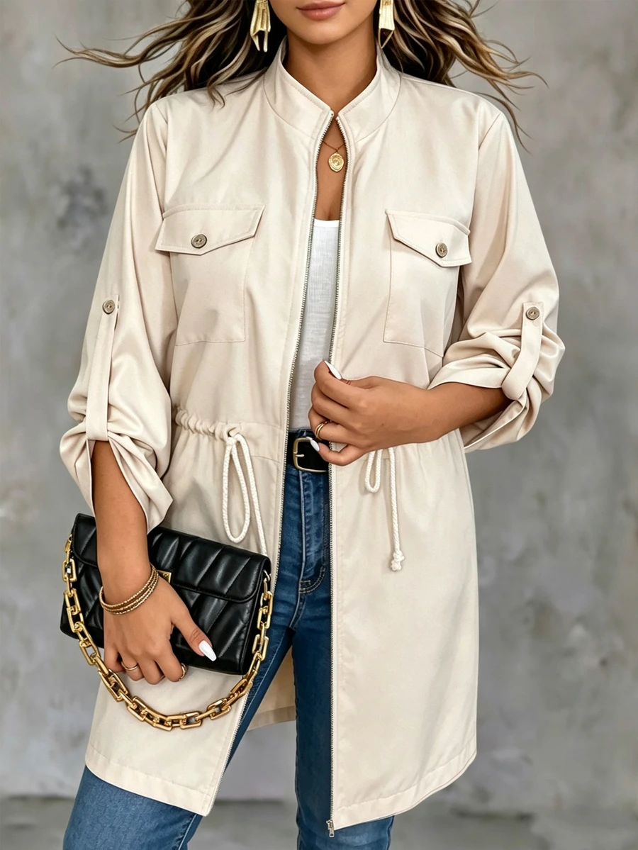 EMERY ROSE Jaket Kasual Wanita Ukuran Besar Warna Polos Lengan Lipat Longgar dengan Kantong Serbaguna Lengan Sedang hingga Panjang, Pakaian Musim Semi, Gugur, dan Musim Dingin untuk Wanita - Aprikot - View 1