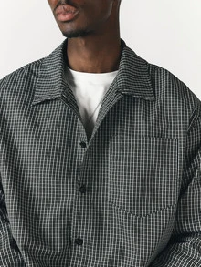 SUMWON Checked Boxy Crop Shirt With Camp Collar And Long Sleeves Button Front Mini Grid Pattern Overshirt For Fall Winter - Black and White - View 4