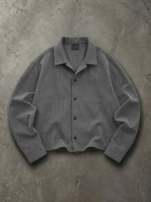 SUMWON Checked Boxy Crop Shirt With Camp Collar And Long Sleeves Button Front Mini Grid Pattern Overshirt For Fall Winter - Black and White - View 1