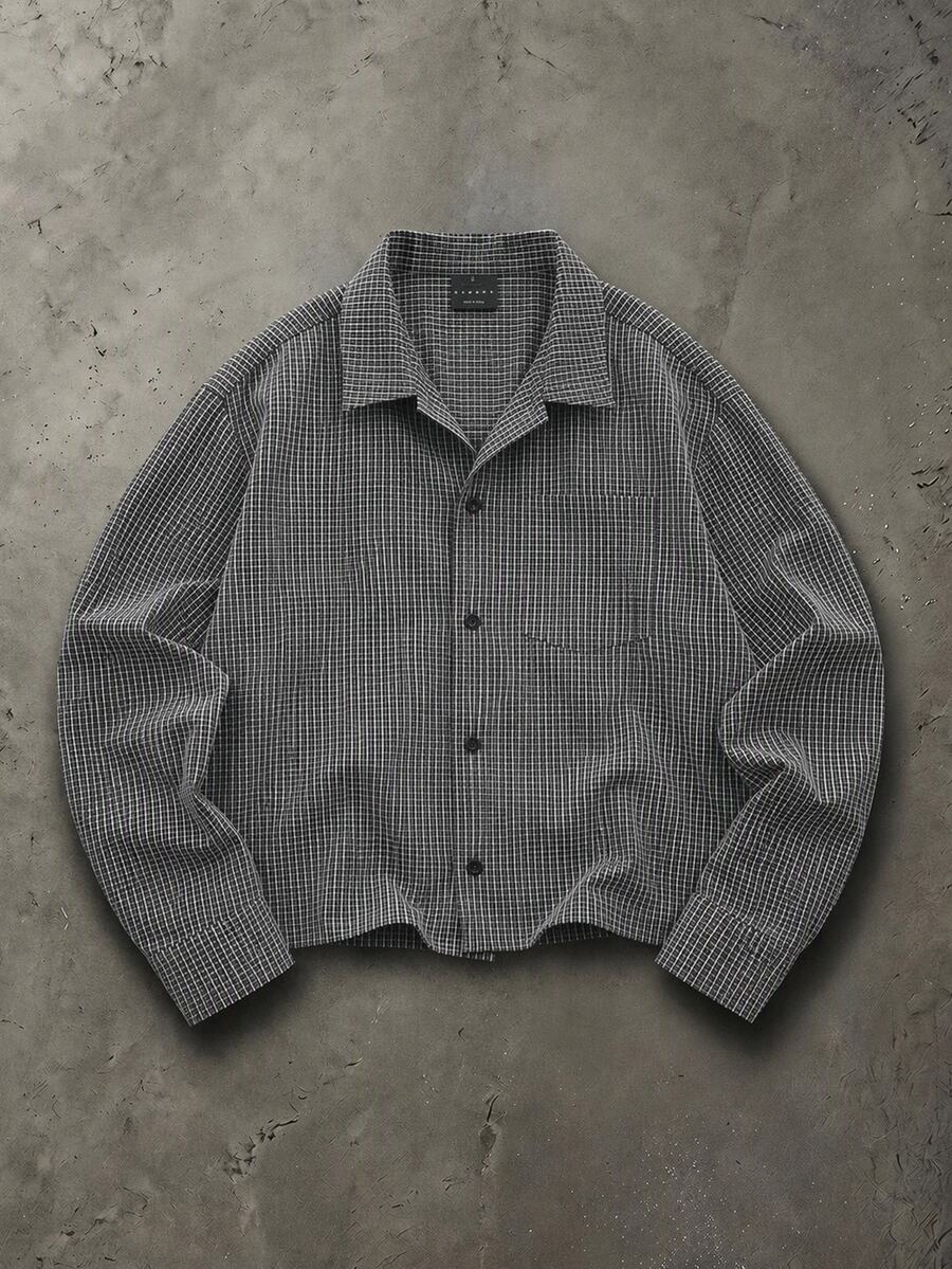 SUMWON Checked Boxy Crop Shirt With Camp Collar And Long Sleeves Button Front Mini Grid Pattern Overshirt For Fall Winter - Black and White - View 1