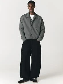 SUMWON Checked Boxy Crop Shirt With Camp Collar And Long Sleeves Button Front Mini Grid Pattern Overshirt For Fall Winter - Black and White - View 3