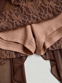 Sweetra Plus Size Bohemian Lace Patchwork Asymmetrical Vintage Fitted Sexy Mini Skirt Fall - Brown - View 4