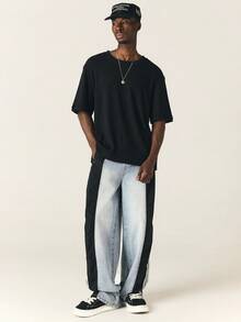 SUMWON STU Ribbed Knit Oversized Crew Neck Short Sleeve T-Shirt With Drop Shoulder Boxy Fit Woven Back Label - Black - View 5