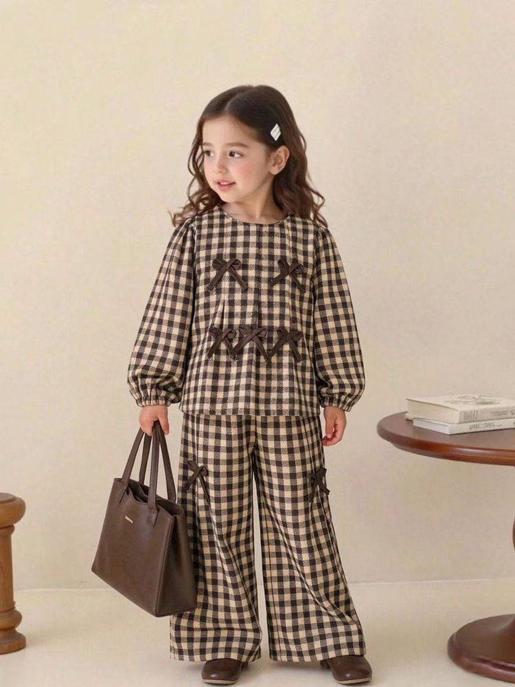 SHEIN Girls' Vintage Plaid Two-Piece Outfit Set - Cute Bow Tie Decor Long Sleeve Top & Pants, Preppy Style Fall Winter Clothes - Multicolor - View 3