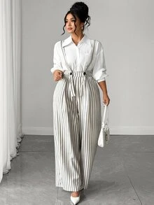 Elenzga Overall Lurus Motif Garis-garis Ukuran Plus, Tali Bahu yang Dapat Diatur, Celana Kerja Elegan untuk Musim Gugur dan Musim Dingin, Cocok untuk Kencan, Makan Malam, dan Pesta, Gaya Serbaguna - Hitam dan Putih - View 6