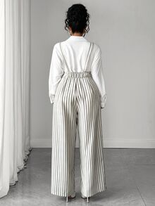 Elenzga Overall Lurus Motif Garis-garis Ukuran Plus, Tali Bahu yang Dapat Diatur, Celana Kerja Elegan untuk Musim Gugur dan Musim Dingin, Cocok untuk Kencan, Makan Malam, dan Pesta, Gaya Serbaguna - Hitam dan Putih - View 2