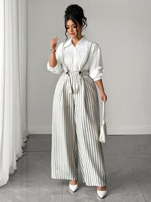 Elenzga Overall Lurus Motif Garis-garis Ukuran Plus, Tali Bahu yang Dapat Diatur, Celana Kerja Elegan untuk Musim Gugur dan Musim Dingin, Cocok untuk Kencan, Makan Malam, dan Pesta, Gaya Serbaguna - Hitam dan Putih - View 5