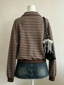青少年女孩復古深棕色條紋滿版印花半拉鍊立領衛衣，秋冬新款休閒半開襟長袖套頭衫，落肩寬鬆版型，百搭極簡基礎美式復古返校日常通勤外套 - 彩色 - 查看 2