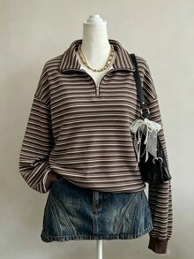 青少年女孩復古深棕色條紋滿版印花半拉鍊立領衛衣，秋冬新款休閒半開襟長袖套頭衫，落肩寬鬆版型，百搭極簡基礎美式復古返校日常通勤外套 - 彩色 - 查看 3