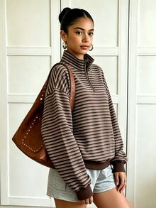 青少年女孩復古深棕色條紋滿版印花半拉鍊立領衛衣，秋冬新款休閒半開襟長袖套頭衫，落肩寬鬆版型，百搭極簡基礎美式復古返校日常通勤外套 - 彩色 - 查看 1