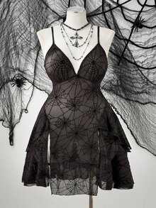 Sunspun Plus Size Women's Spider Web Pattern Sexy Date Party Spaghetti Strap Dress - Black - View 4