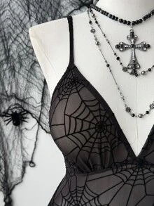 Sunspun Plus Size Women's Spider Web Pattern Sexy Date Party Spaghetti Strap Dress - Black - View 2