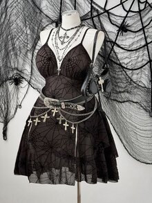 Sunspun Plus Size Women's Spider Web Pattern Sexy Date Party Spaghetti Strap Dress - Black - View 5