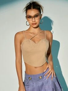 SHEIN X KeniaOs SHEIN ICON 净色紧身胸衣吊带背心 - 杏色 - 查看 9