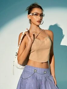 SHEIN X KeniaOs SHEIN ICON 净色紧身胸衣吊带背心 - 杏色 - 查看 5