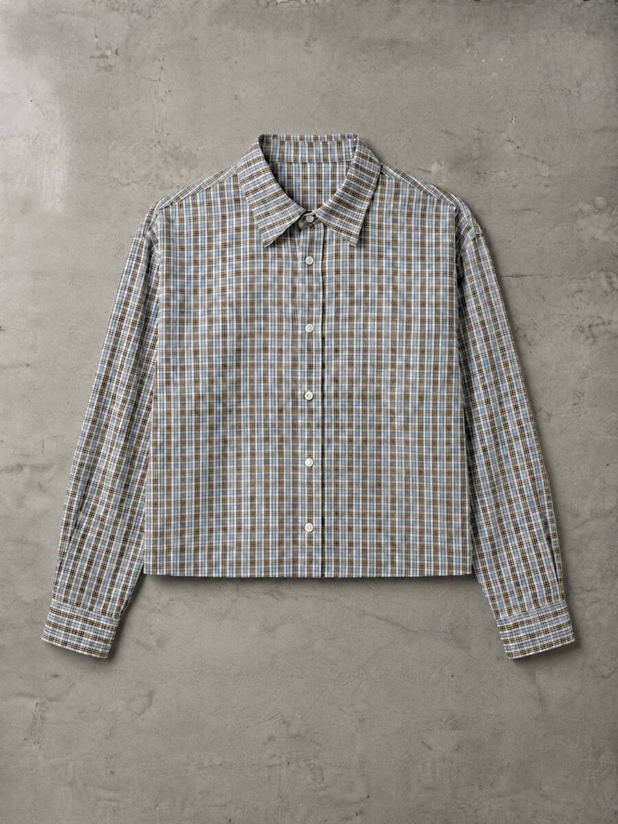 SUMWON Men's Cropped Plaid Shirt Boxy Fit Long Sleeve Button-Down Spread Collar Oversized Check Woven Top Spring Summer Casual - Multicolor - View 1