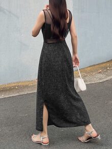 FRIFUL Women's Early Autumn New Korean Style Patchwork Sheer Mesh Layered Long Dress - Black - View 4