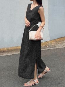 FRIFUL Women's Early Autumn New Korean Style Patchwork Sheer Mesh Layered Long Dress - Black - View 9