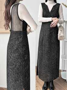 FRIFUL Women's Early Autumn New Korean Style Patchwork Sheer Mesh Layered Long Dress - Black - View 3