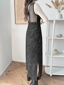 FRIFUL Women's Early Autumn New Korean Style Patchwork Sheer Mesh Layered Long Dress - Black - View 1