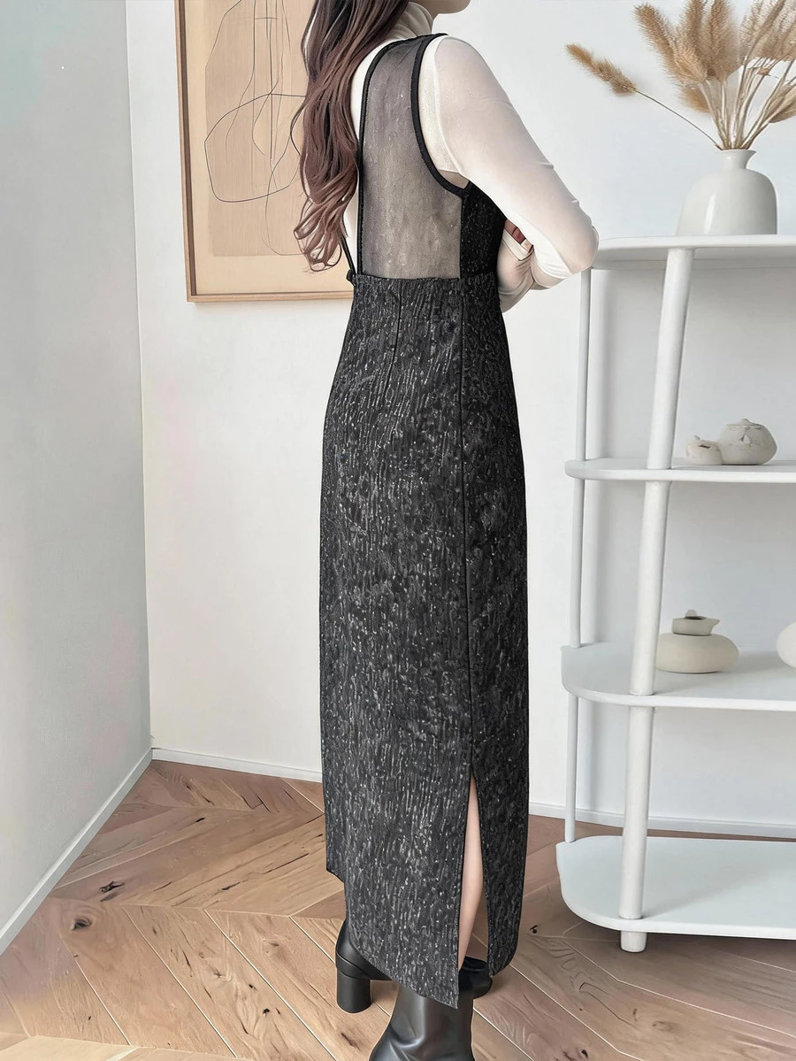 FRIFUL Women's Early Autumn New Korean Style Patchwork Sheer Mesh Layered Long Dress - Black - View 1
