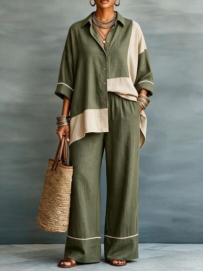 Omancia Women Mature Casual Two Pieces Set, Green Beige Color‑Block Collared Shirt, Elastic Waist Wide Leg Cotton Pants, For Autumn Daily Commute Wear